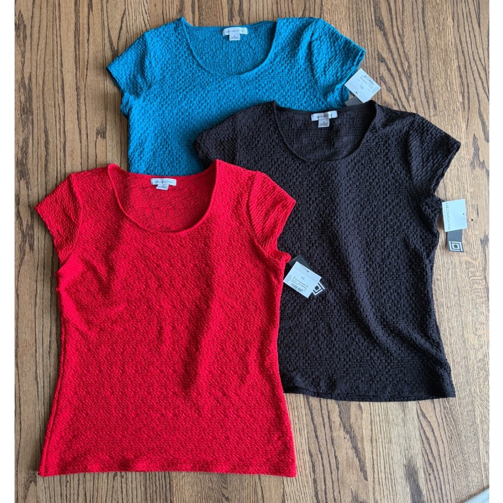 Liz Claiborne Textured Knit Scoop Neck Tops Bundle XL Red Teal Black 3 Pack NWT